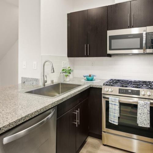 a kitchen with black cabinets