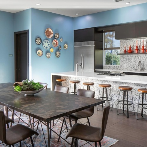 a large kitchen with a large table