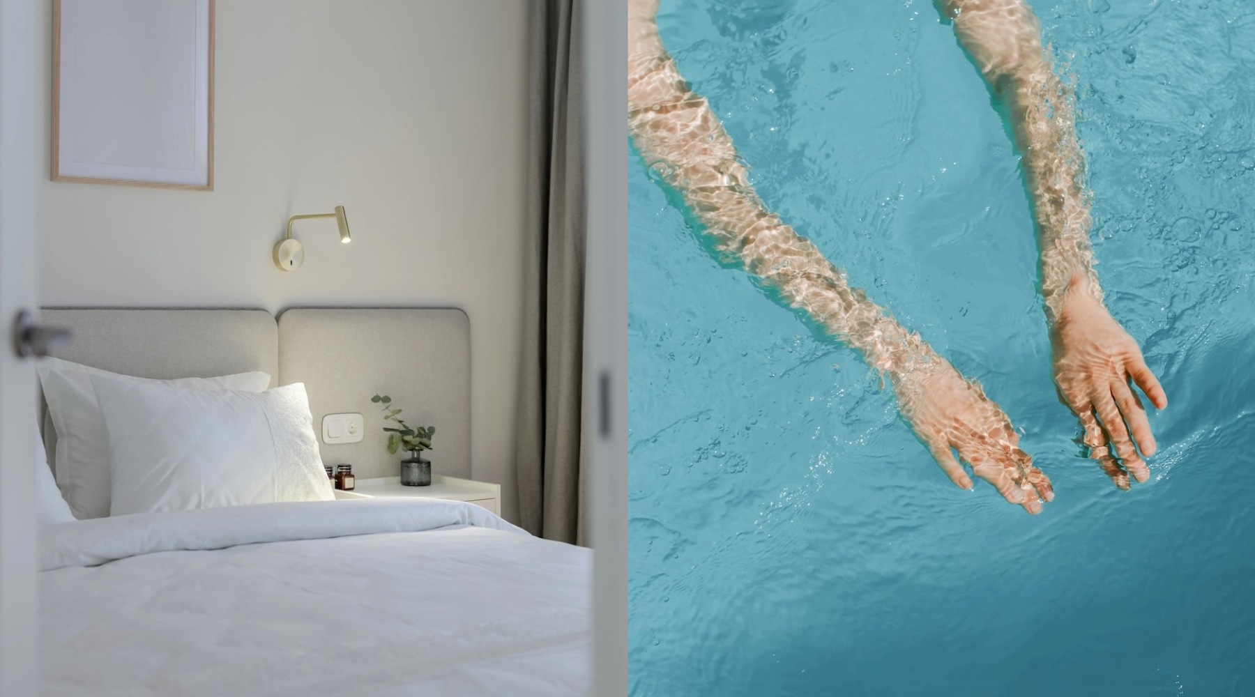 a bed with pillows and a person swimming